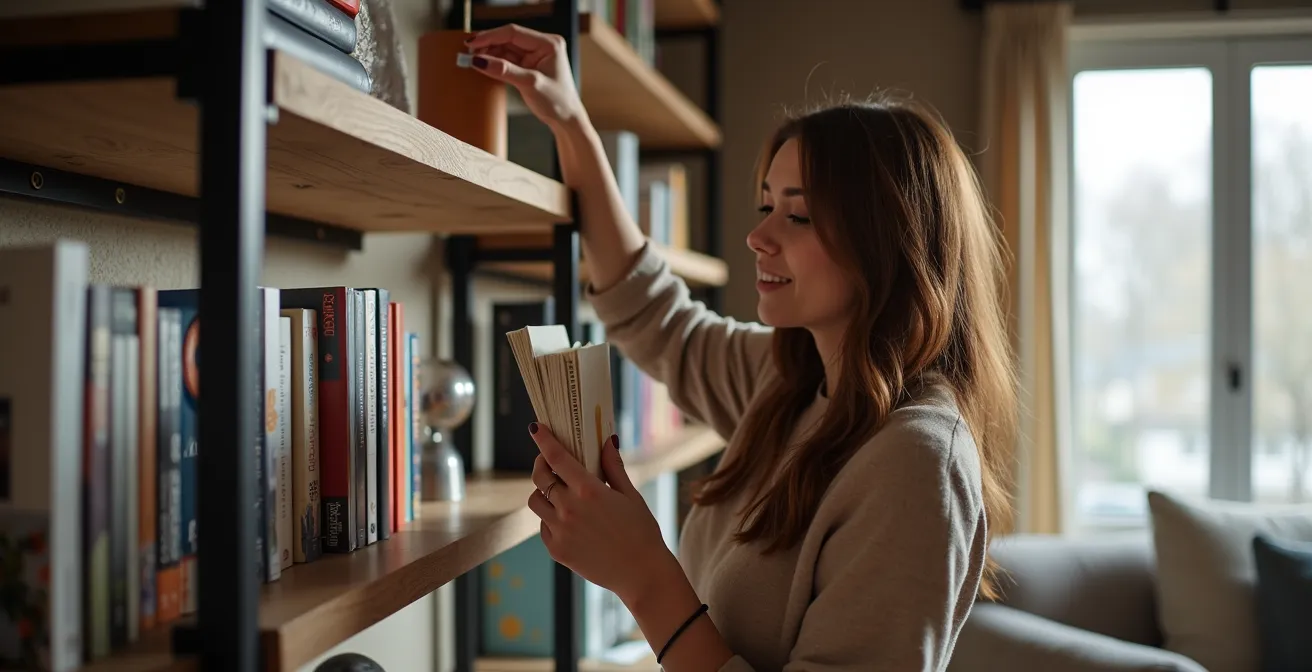 Bibliothèque en métal noir suspendue au plafond avec étagères en bois