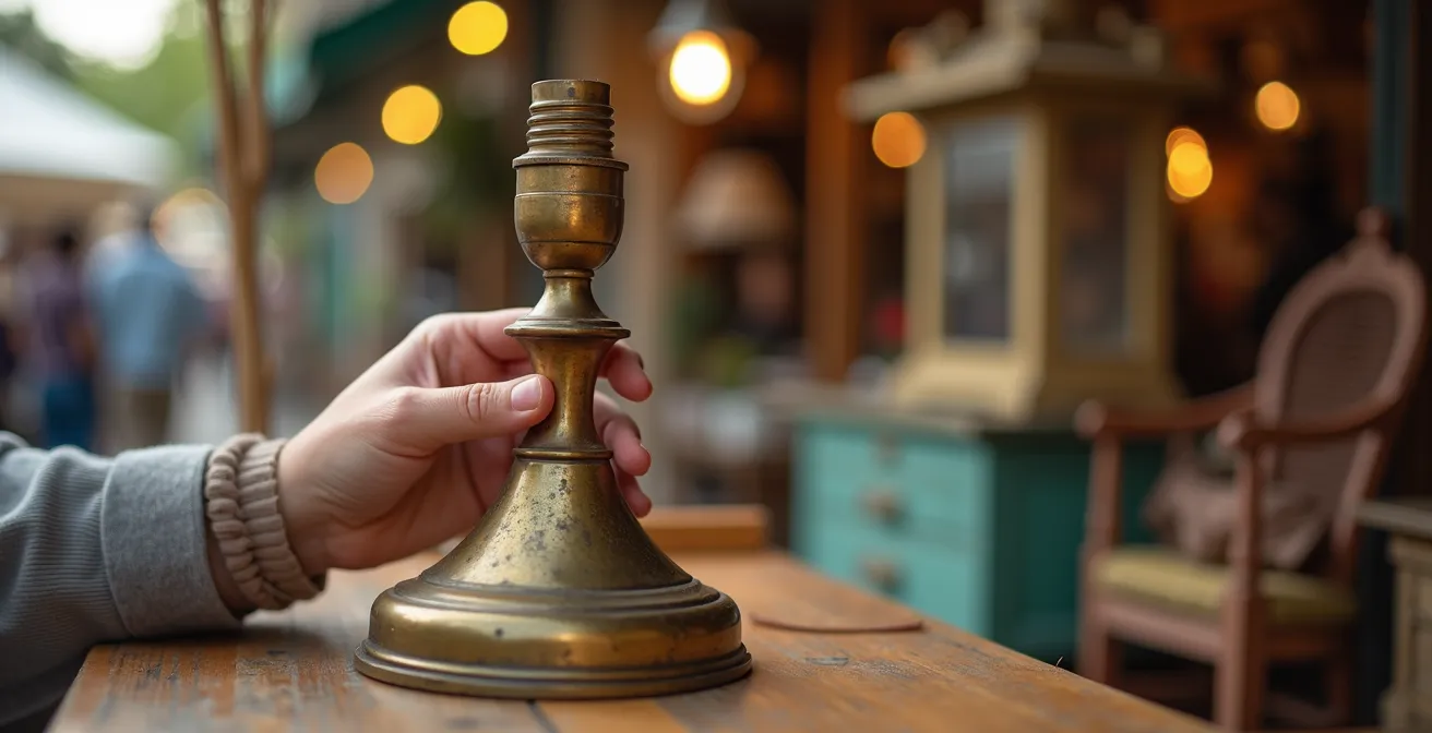 Vue aérienne d'un marché aux puces français avec stands colorés de mobilier vintage
