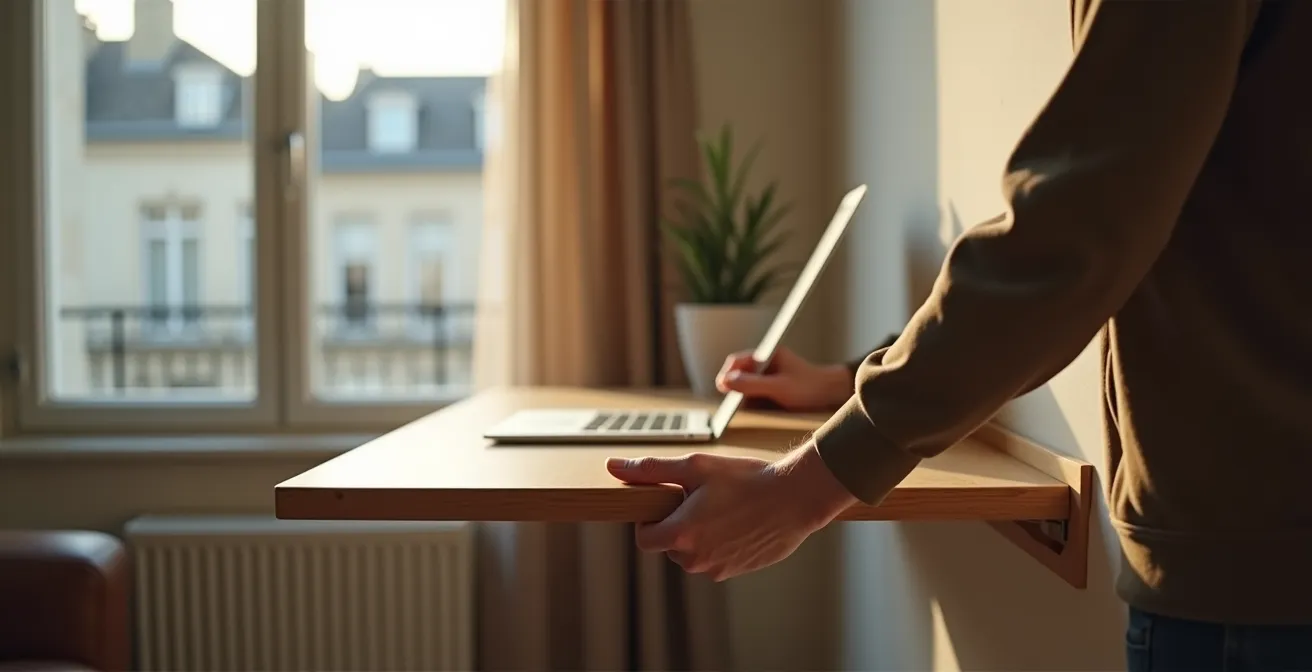 Bureau mural rabattable en bois clair dans un petit appartement parisien avec vue sur les toits