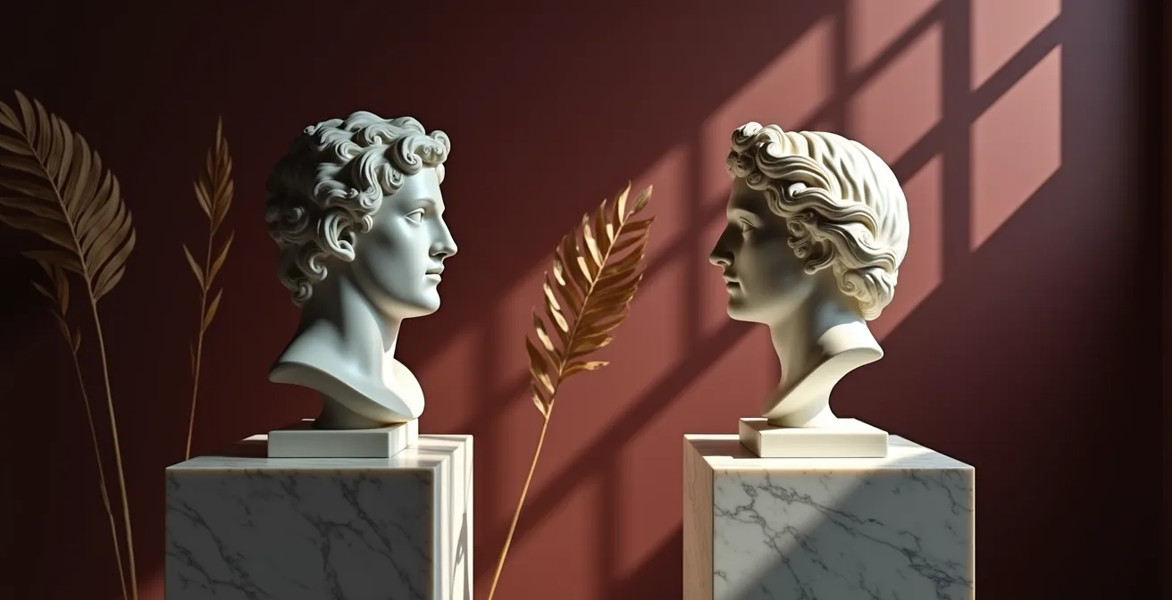 Buste sculpté éclairé par un spot rasant créant des ombres dramatiques sur un mur coloré