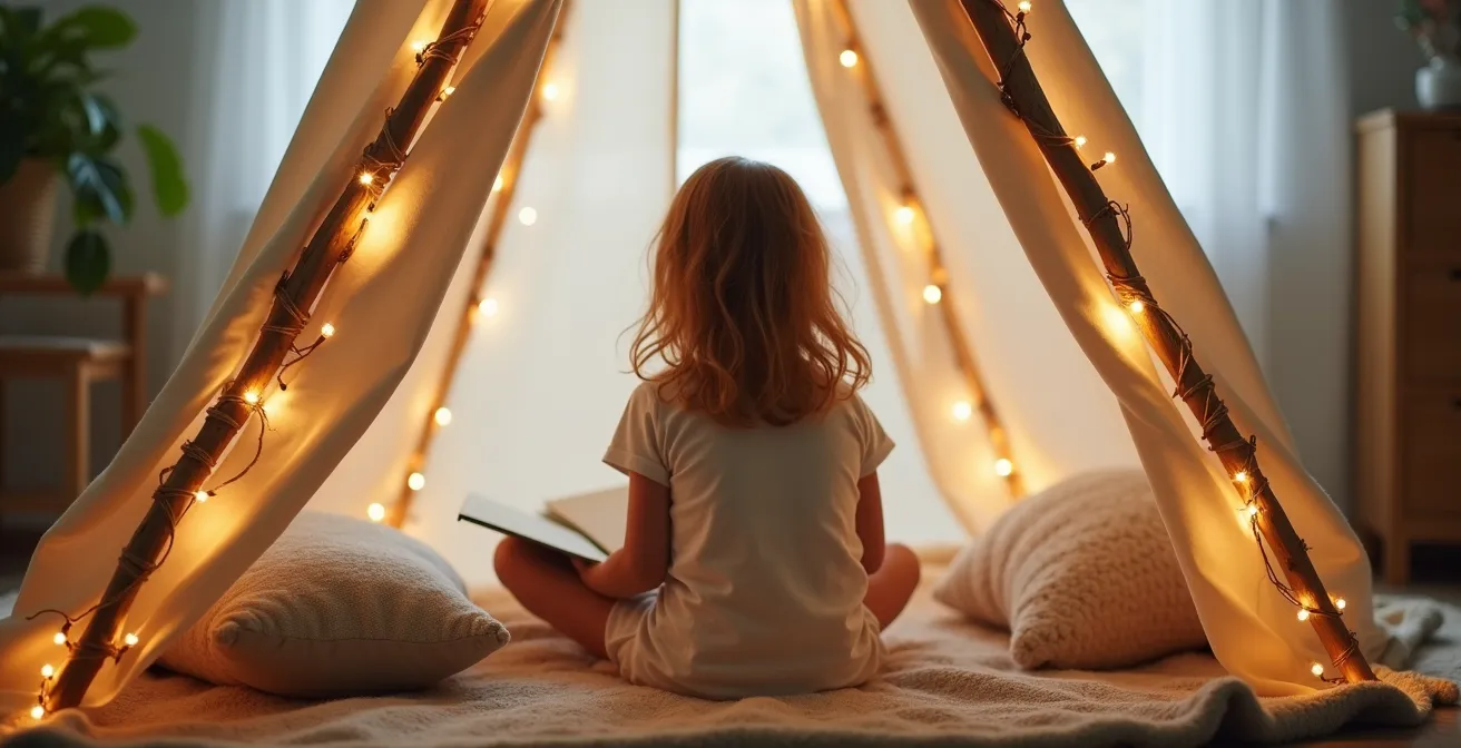Cabane tipi en tissu naturel dans une chambre d'enfant avec des guirlandes lumineuses créant une ambiance magique et chaleureuse.