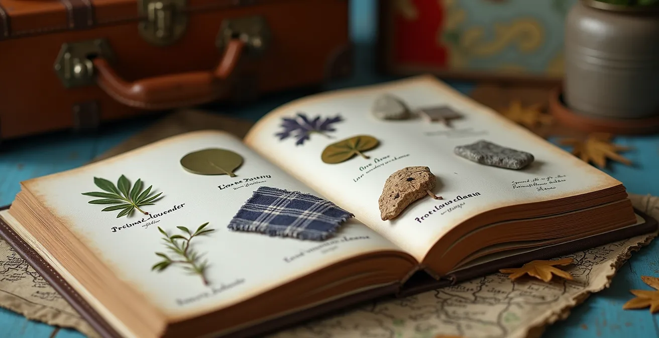Un carnet de voyage ouvert avec des échantillons de matériaux naturels français collés sur les pages