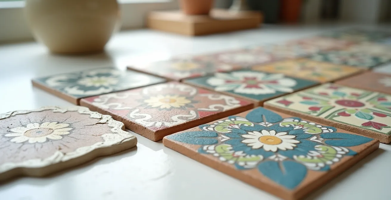 Échantillons de carreaux de ciment aux motifs Art Déco sous différentes lumières naturelles