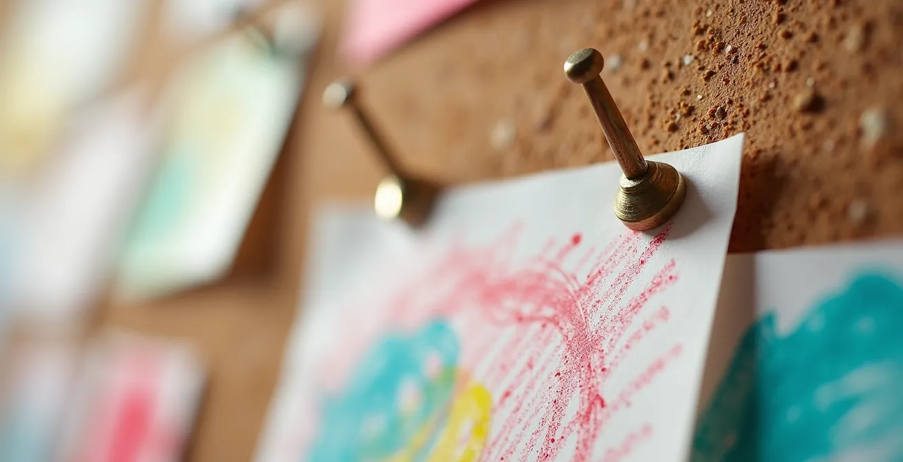 Mur d'expression créatif dans une chambre d'enfant avec dessins et photos évolutifs