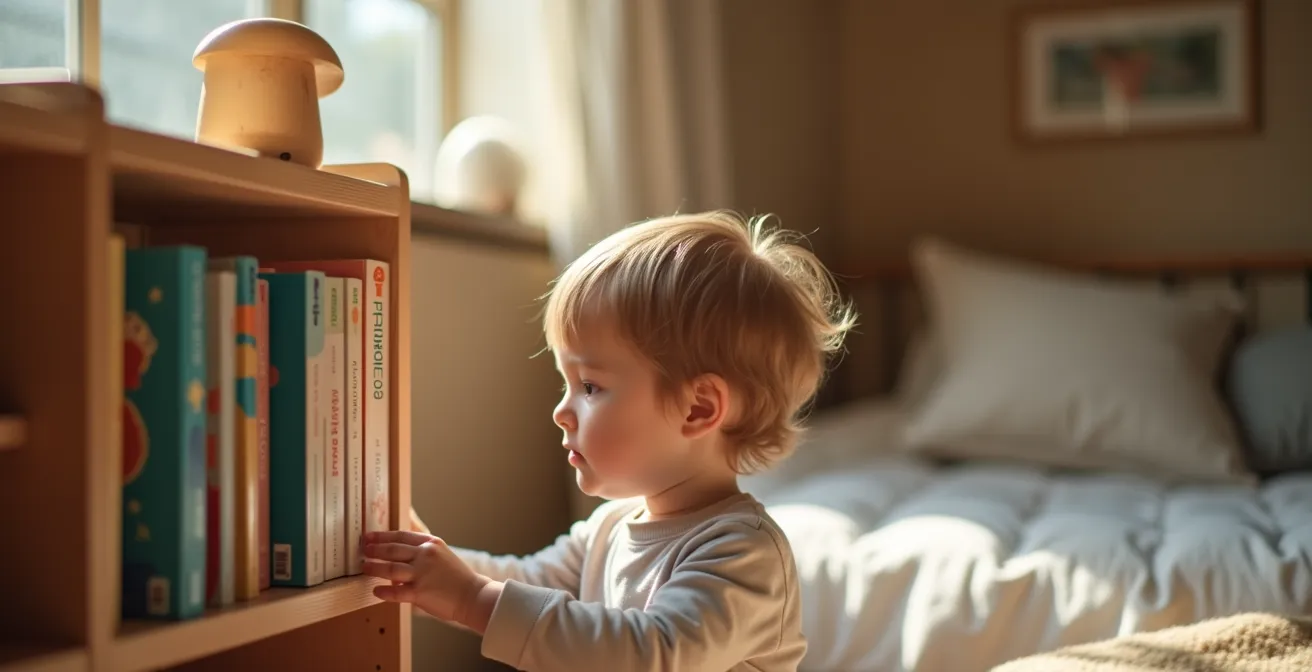 Aménagement Montessori dans une petite chambre d'enfant avec lit au sol et étagères basses