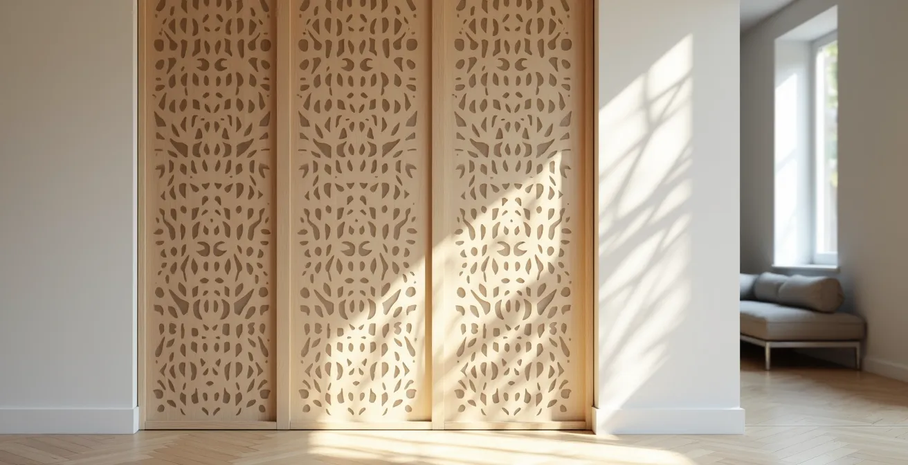 Claustra en bois avec motifs d'arabesques épurés créant des jeux d'ombres