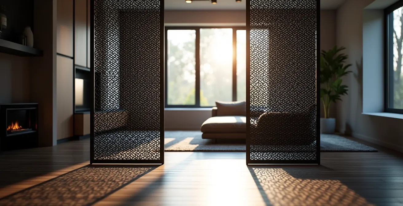 Claustra en métal noir avec motifs géométriques séparant un salon d'une entrée