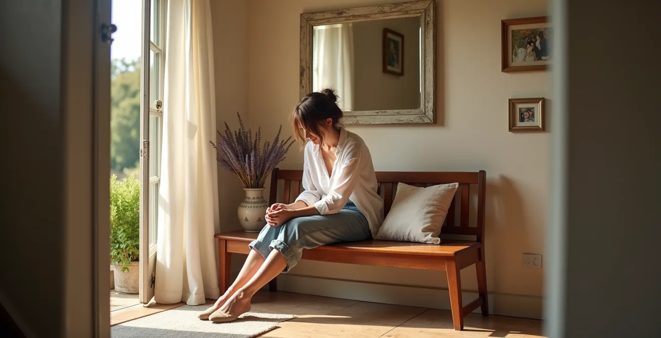 Coin décoratif avec banc d'entrée dans une maison française chaleureuse