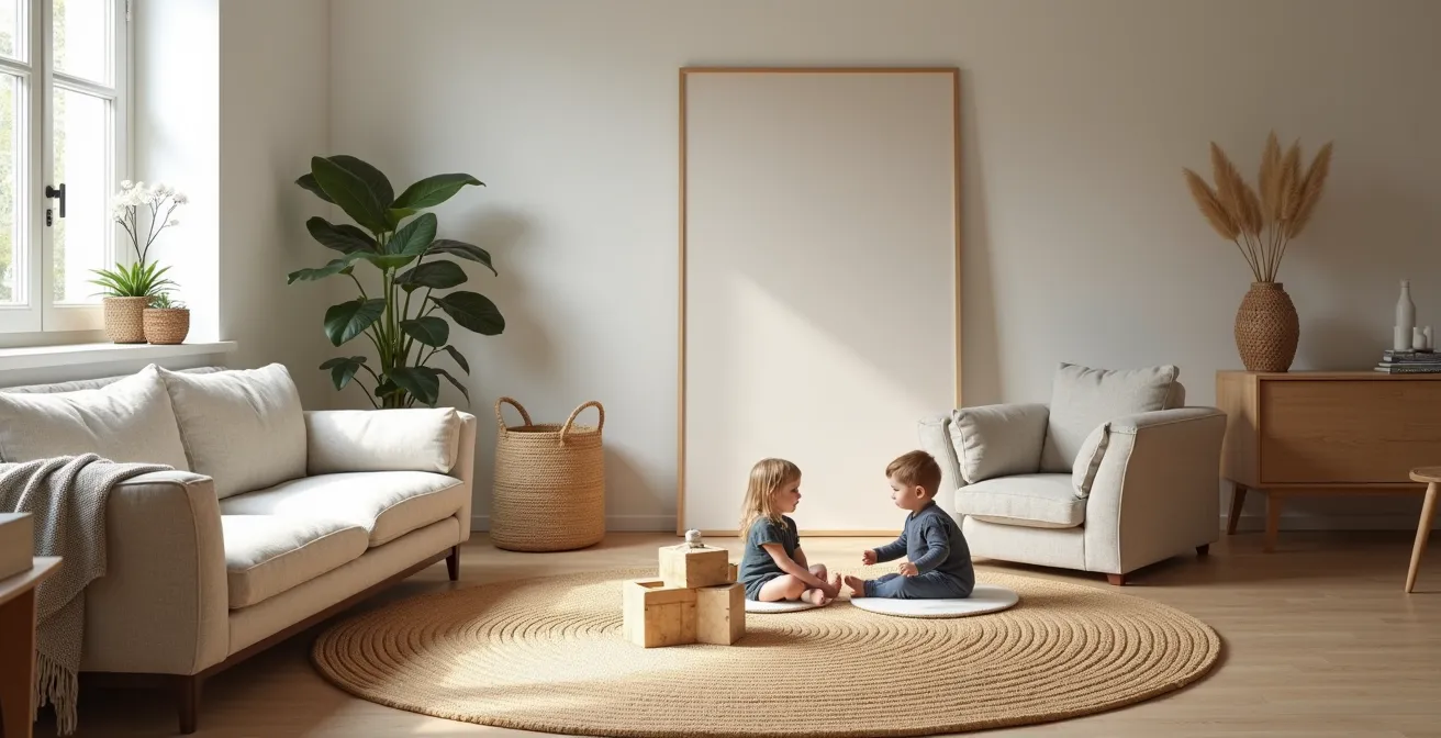 Salon moderne avec coin jeu d'enfant délimité par un tapis rond et des paniers en osier naturel