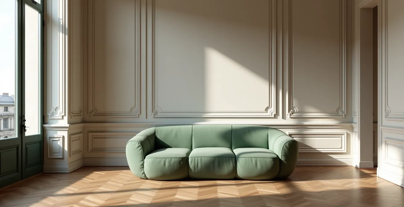 Contraste saisissant entre un intérieur classique parisien de style haussmannien et un canapé sculptural aux formes organiques modernes.