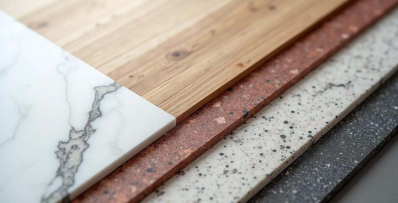 Vue rapprochée comparative de différents matériaux de plan de travail : quartz blanc veiné, bois de chêne, pierre de Bourgogne et céramique