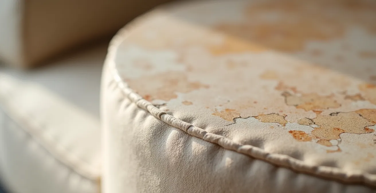 Gros plan sur l'association de textures entre tissu bouclette et pierre naturelle