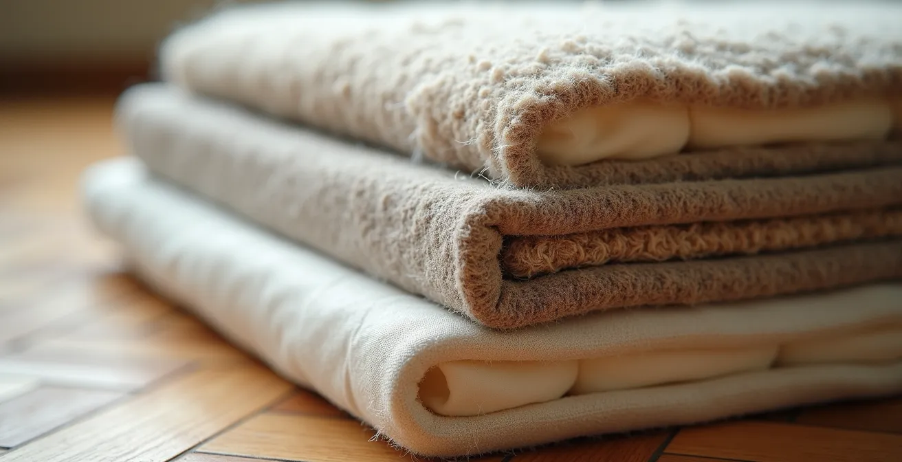 Vue en coupe d'une installation de coussins de sol sur tapis et sous-couche isolante