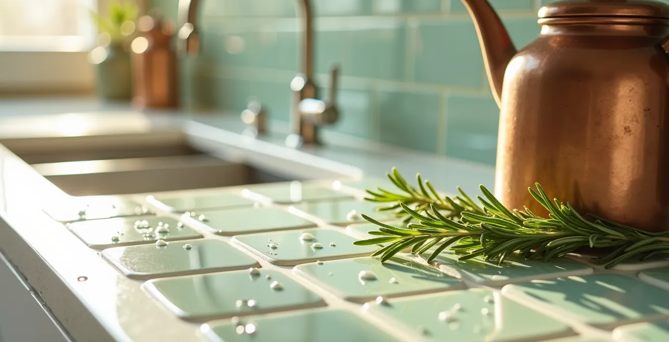 Détail d'une crédence en zellige aux nuances subtiles derrière un plan de travail blanc