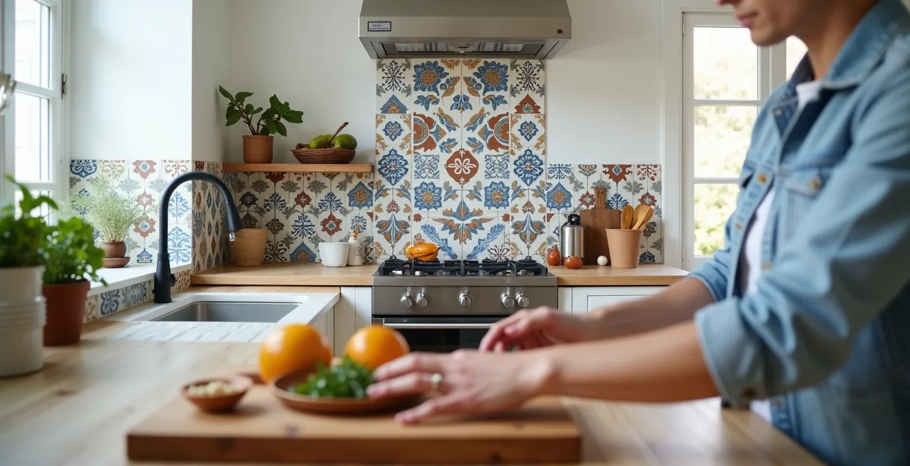 Cuisine contemporaine avec crédence en carreaux de ciment colorés et plan de travail en bois massif