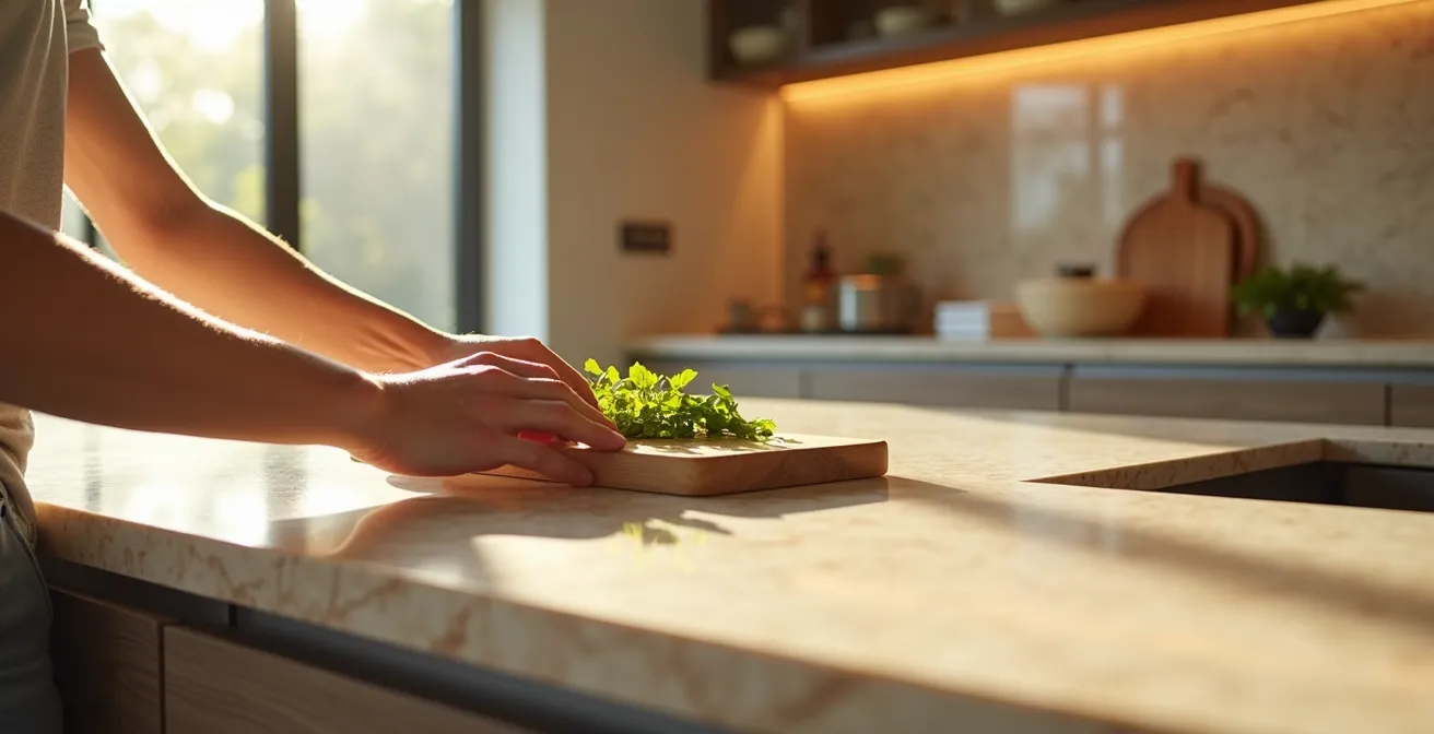 Cuisine contemporaine avec crédence en travertin et îlot central