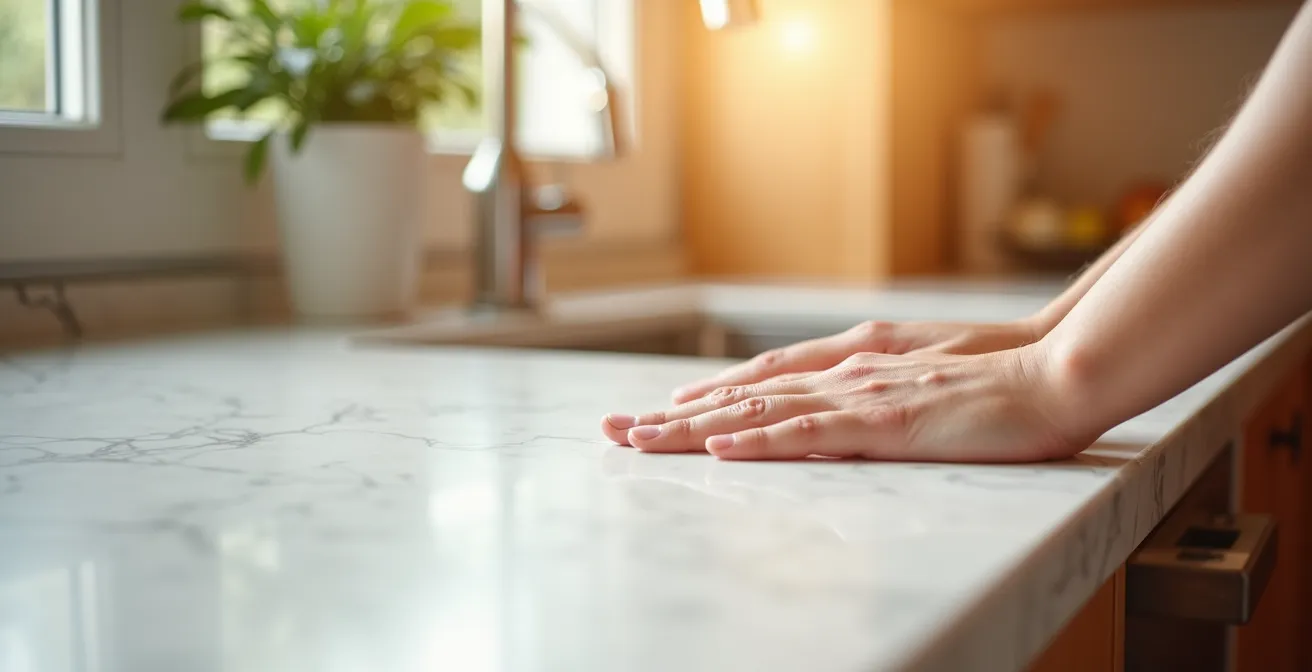 Cuisine contemporaine avec îlot central en quartz blanc dans un espace lumineux et épuré