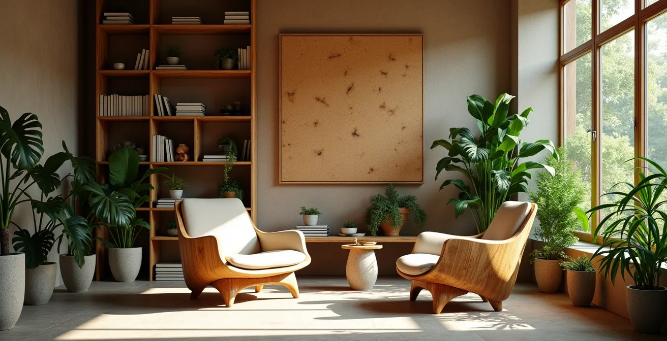 Coin lecture biophilique avec plantes et matériaux naturels