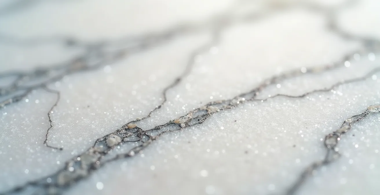 Vue macro détaillée de la surface d'un plan de travail en quartz montrant sa texture et son veinage