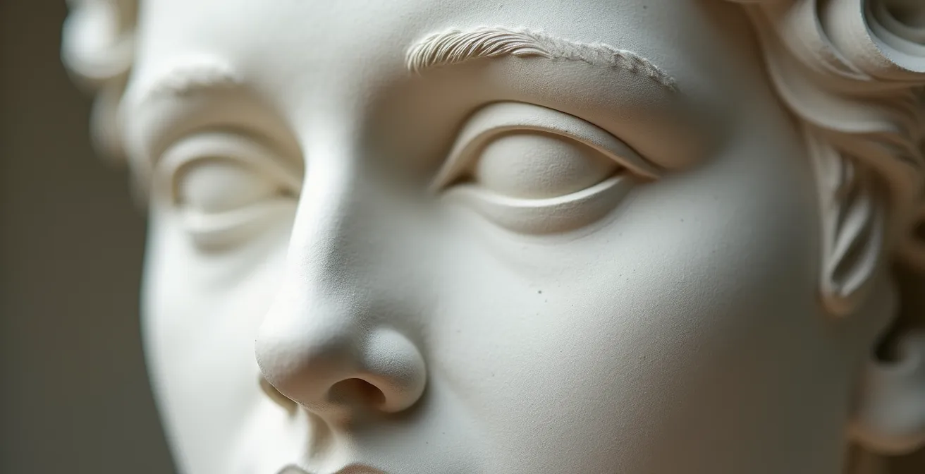 Vue macro détaillée de la texture et des finitions d'un buste sculpté montrant la qualité du modelé