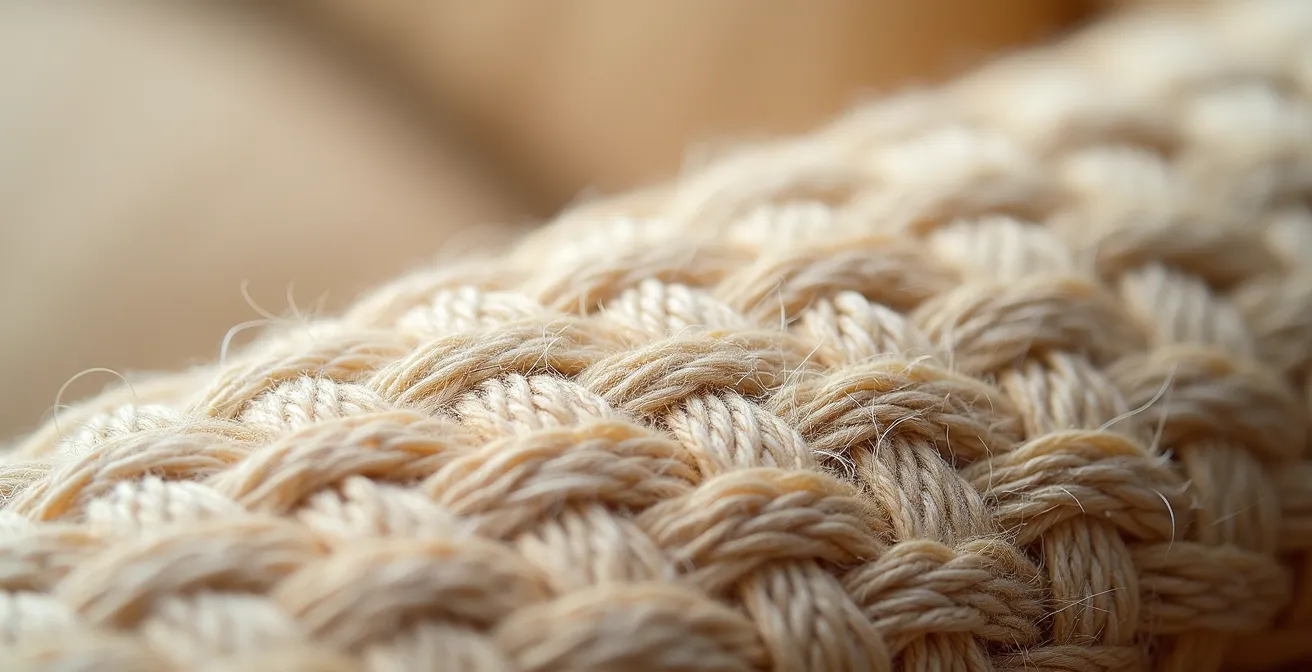 Détail en gros plan des textures riches et naturelles d'un canapé organique, montrant le tissage d'un tissu en bouclette crème.