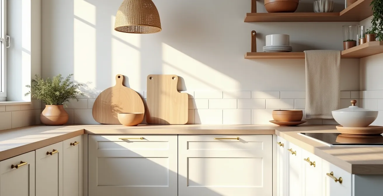 Ambiance chaleureuse d'une cuisine blanche avec suspension en rotin, poignées en laiton et planche à découper en bois