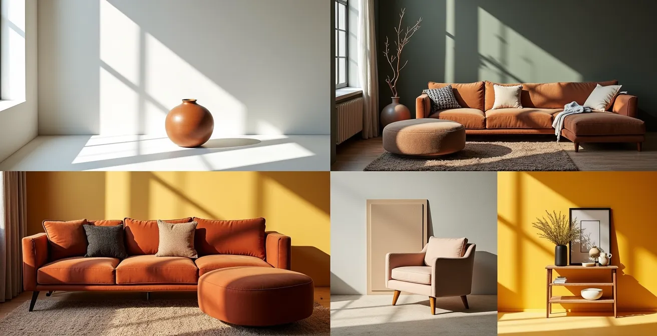 Collage créatif montrant quatre archétypes de décoration avec leurs éléments caractéristiques