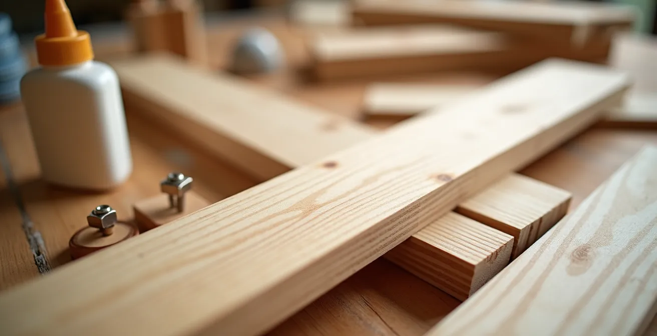 Matériaux de bricolage disposés pour fabriquer une étagère Montessori en bois naturel