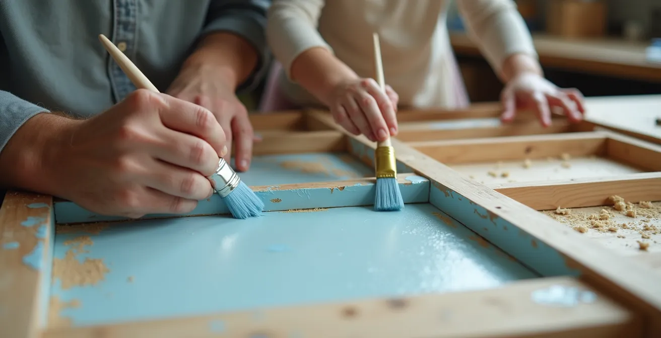 Mains d'adulte et d'enfant peignant ensemble une étagère en bois de type présentoir.