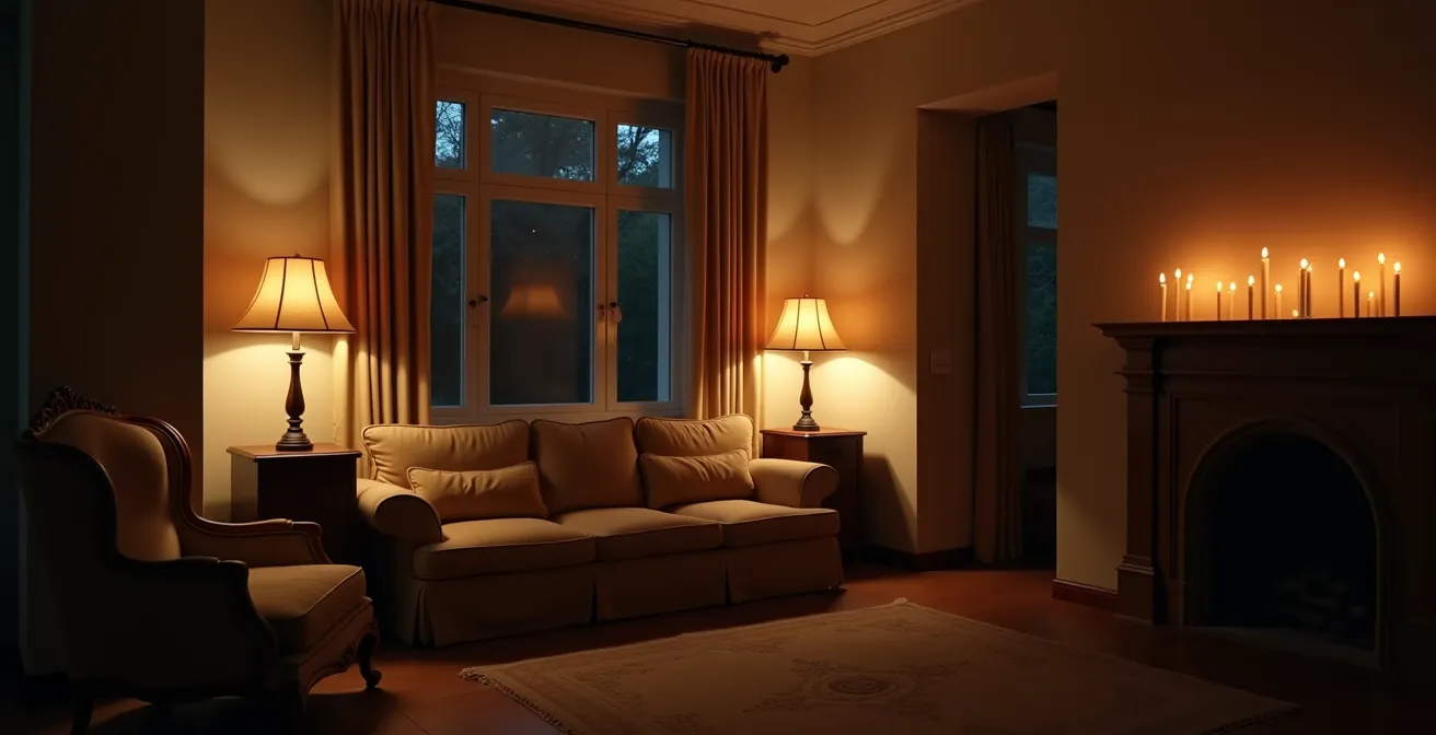 Salon français avec différents scénarios d'éclairage créant une ambiance chaleureuse