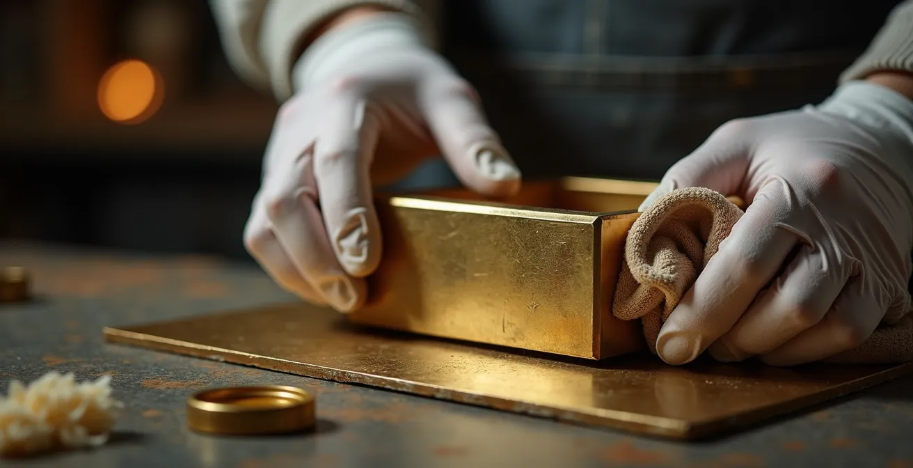 Détail macro d'un luminaire Art déco en laiton pendant le nettoyage