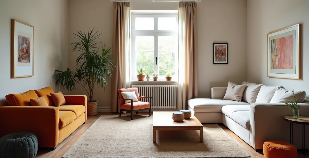 Comparaison avant-après d'un studio avec accumulation de petits meubles versus un aménagement épuré avec grandes pièces