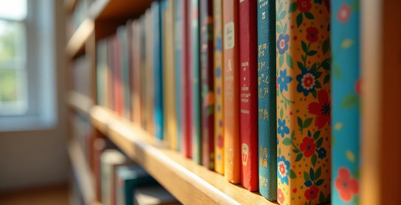 Étagère présentoir en bois avec des livres pour enfants colorés, disposés face visible pour attirer le regard.