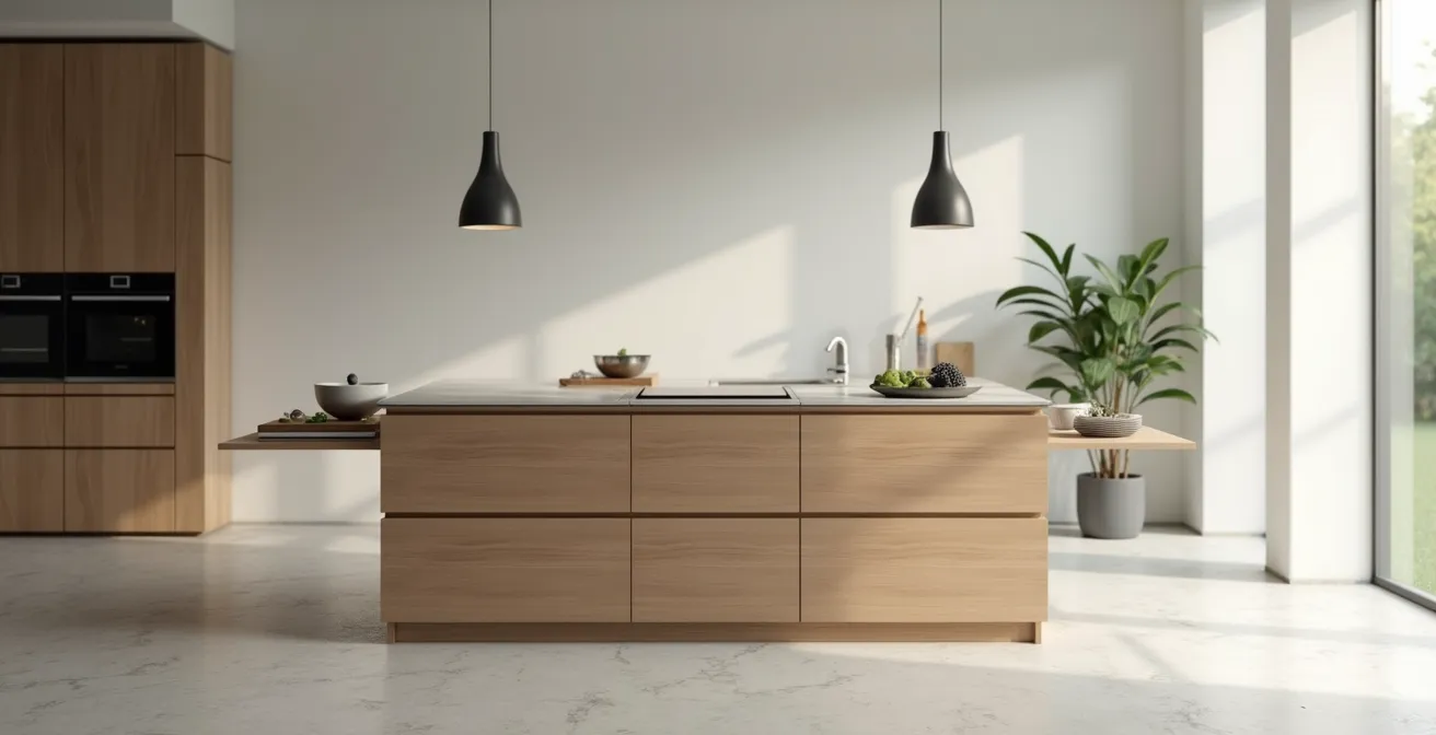Îlot de cuisine modulaire avec éléments mobiles et différentes configurations possibles