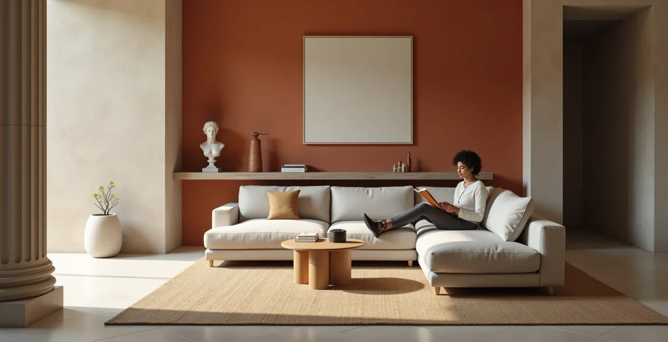 Salon contemporain avec touches romaines subtiles montrant l'équilibre entre ancien et moderne