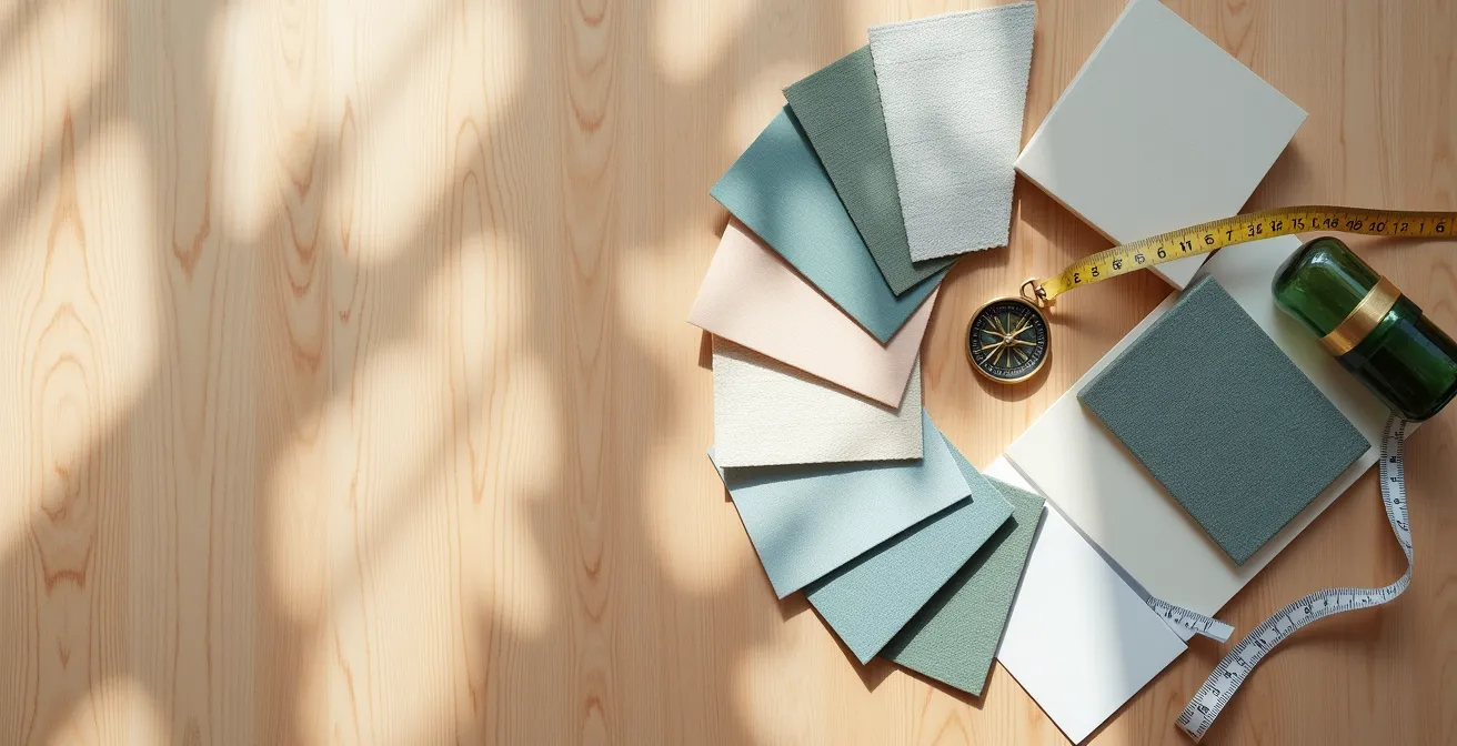 Kit d'échantillons de décoration avec peintures, tissus et carreaux français disposés sur table