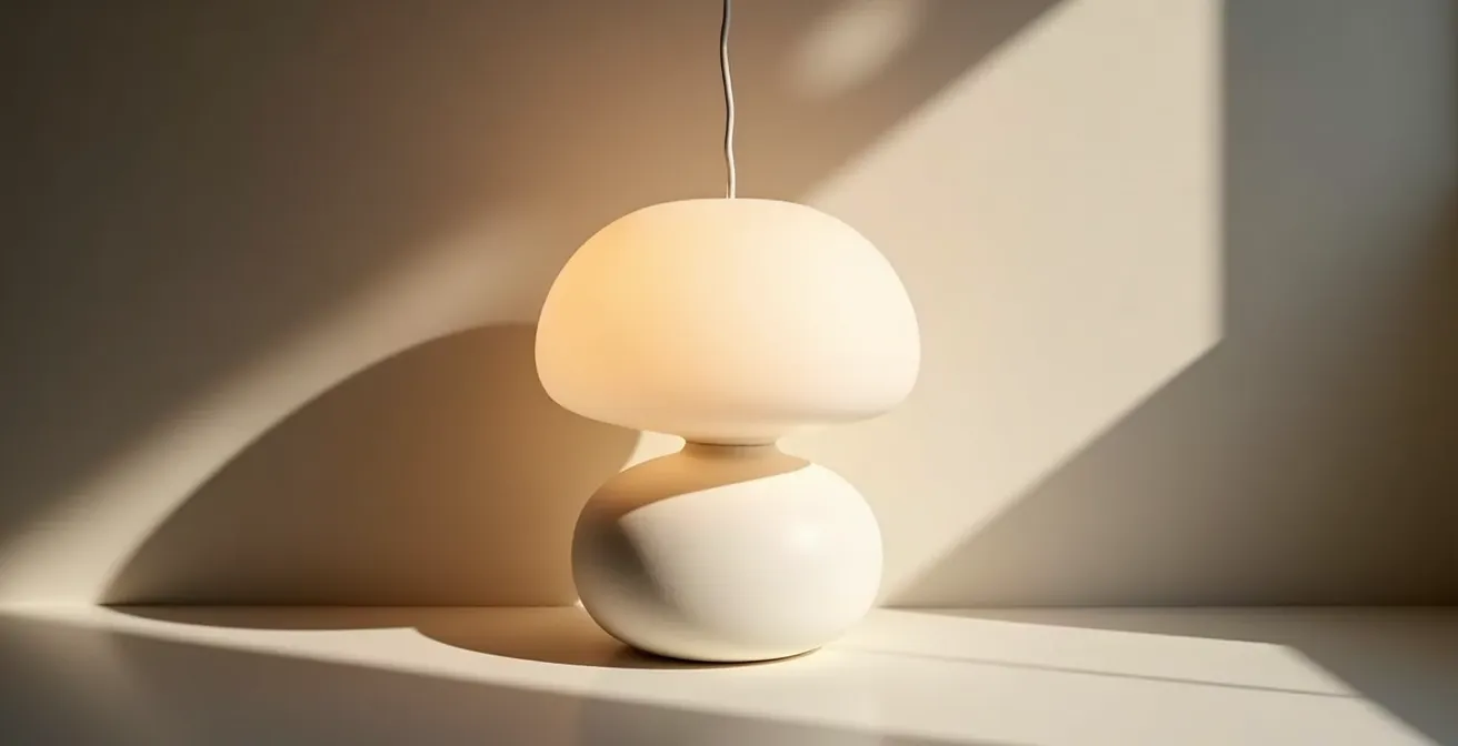 Lampe design en plâtre blanc avec éclairage tamisé créant des ombres douces