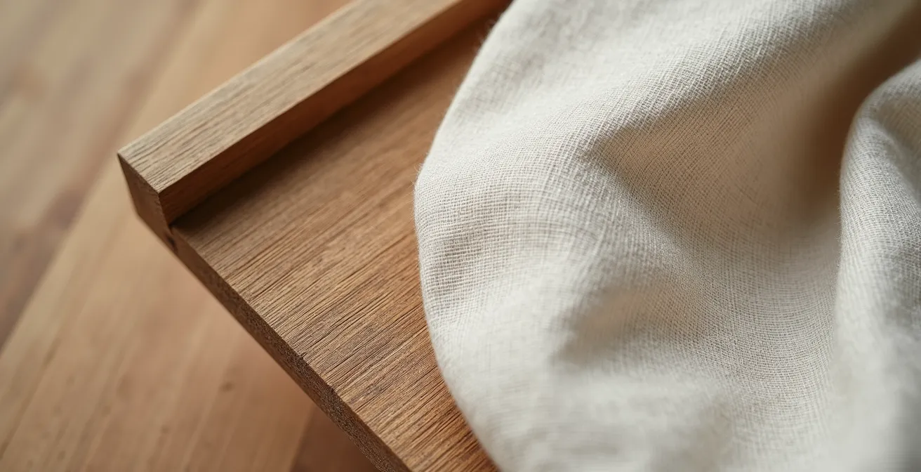 Gros plan sur des matériaux naturels français : lin de Normandie, chêne et céramique artisanale