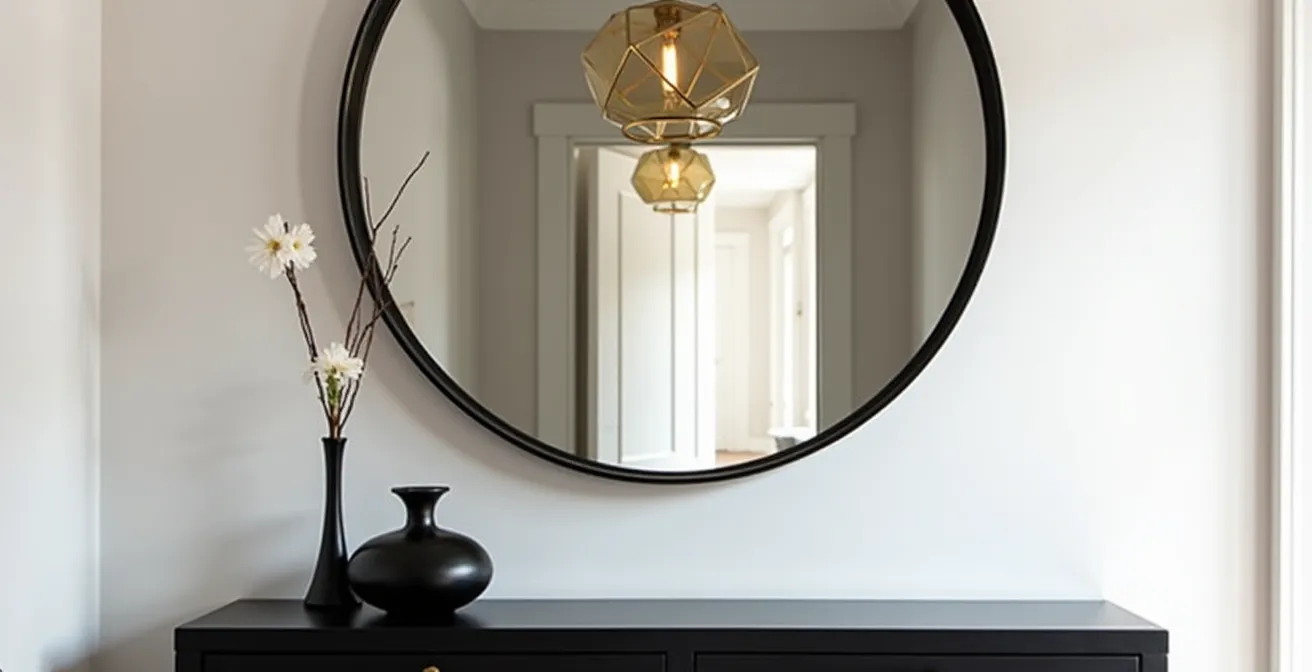 Grand miroir rond dans une entrée moderne noir et blanc