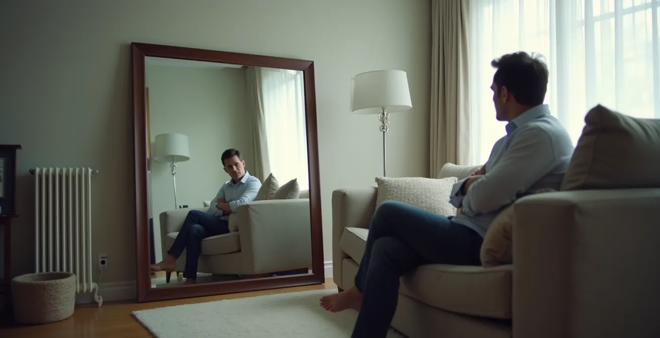 Exemple d'erreur de placement d'un miroir reflétant une zone de désordre et de fouillis dans un salon.