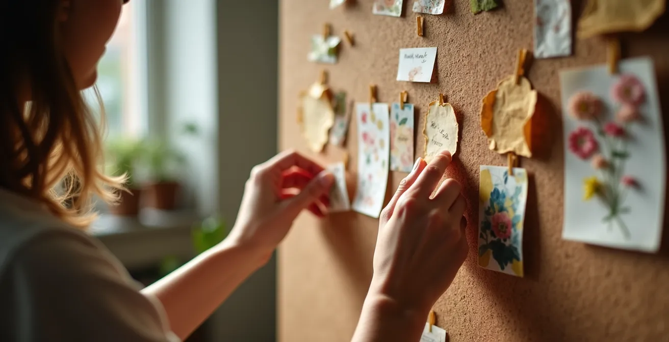 Moodboard physique avec échantillons de tissus, peintures et photos d'inspiration épinglés