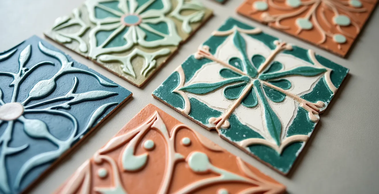 Échantillons de carreaux de ciment avec motifs floraux Art Nouveau et géométriques Art Déco