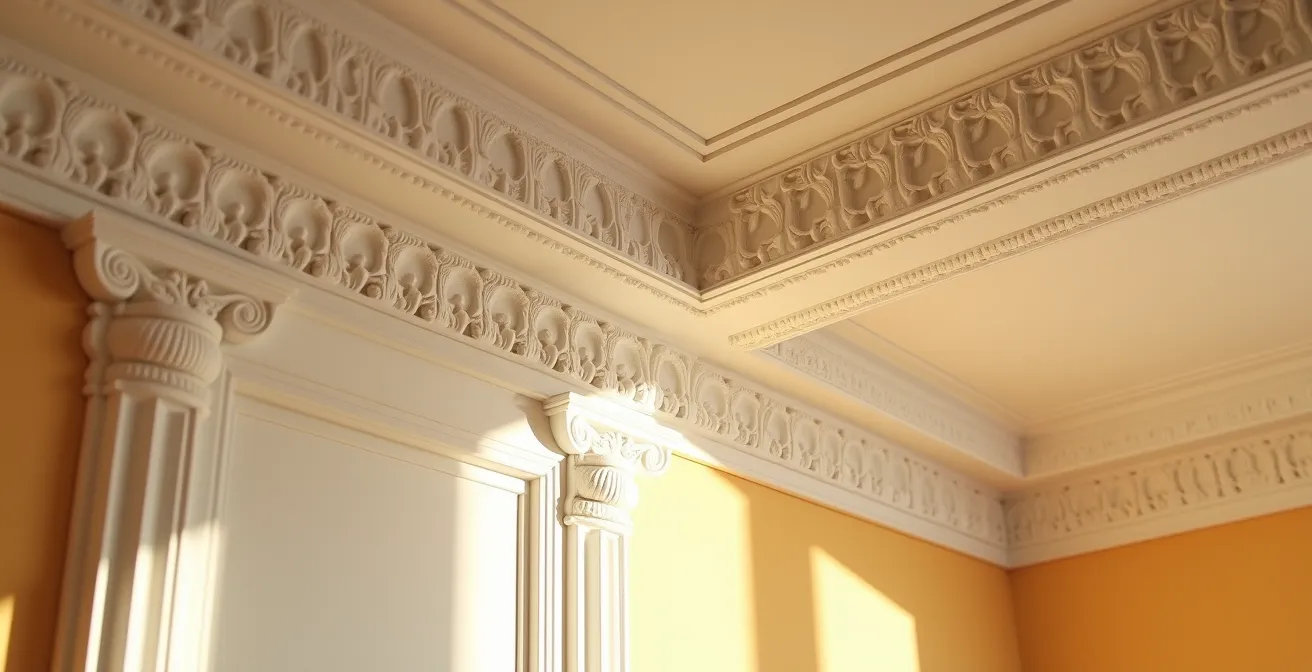 Détail architectural de corniches et moulures inspirées du style romain dans un intérieur contemporain