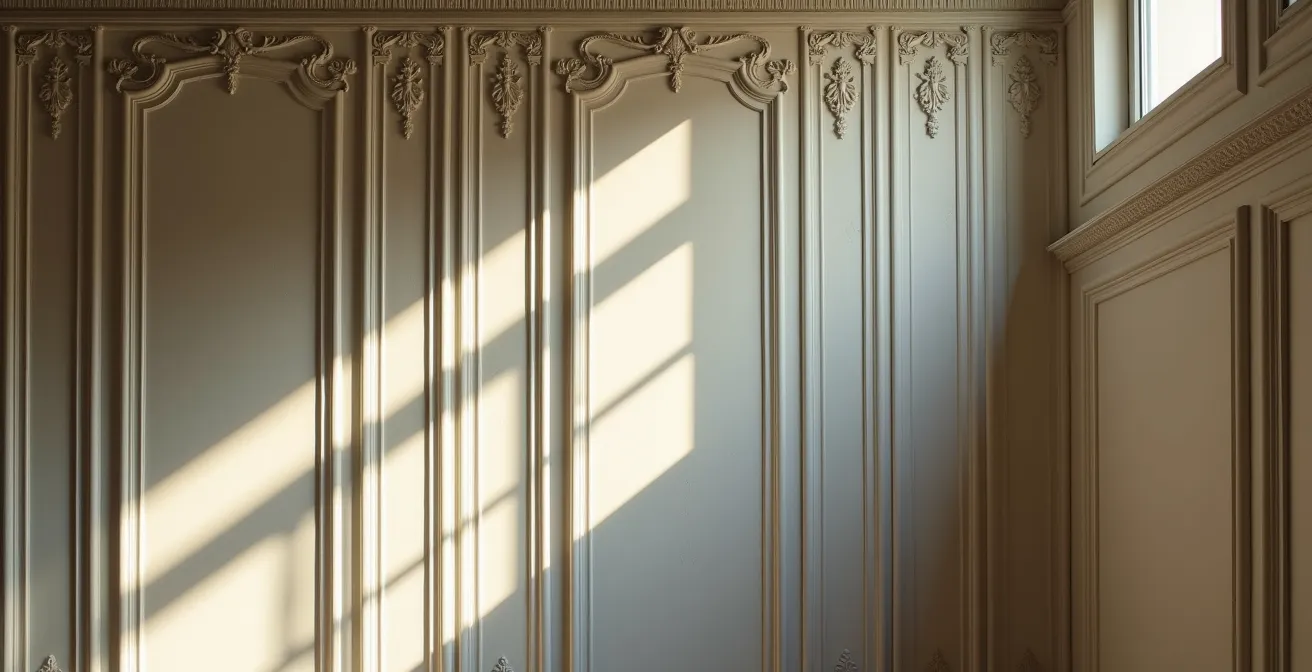 Détail architectural de moulures haussmanniennes avec corniches et soubassements