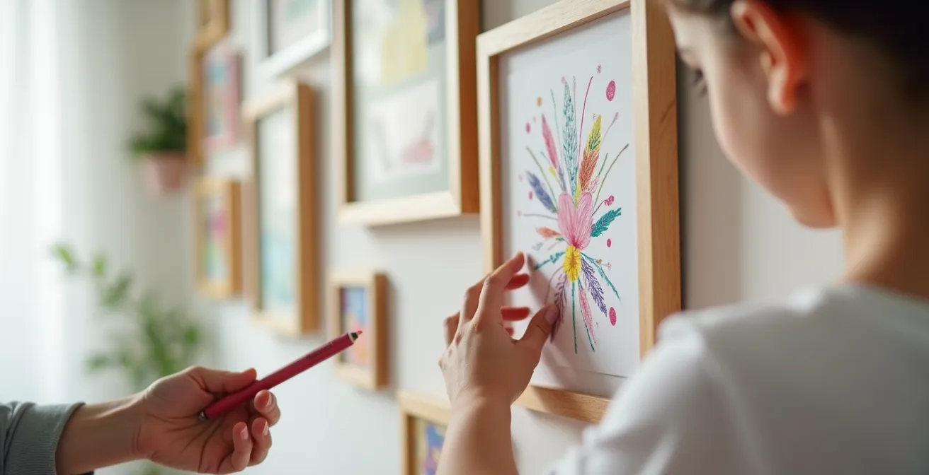 Mur de cadres évolutif dans une chambre d'enfant avec différentes tailles et contenus
