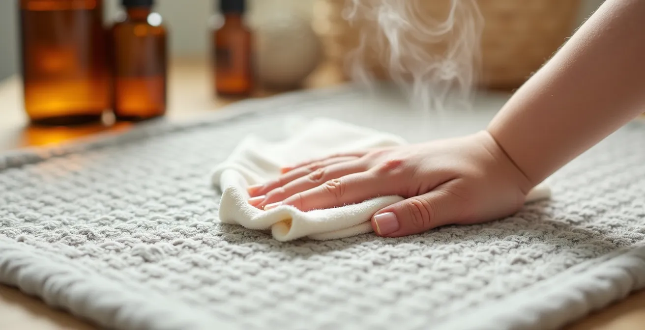 Gros plan sur le nettoyage d'un tapis de jeu avec des produits naturels français