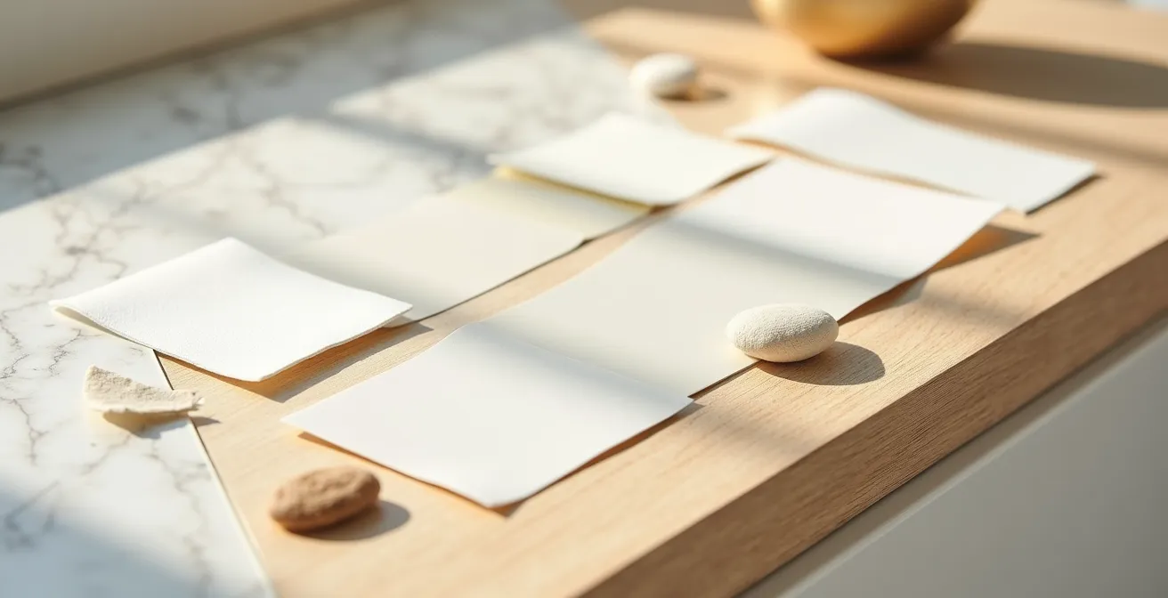 Échantillons de différentes nuances de blanc sous diverses conditions d'éclairage dans une cuisine