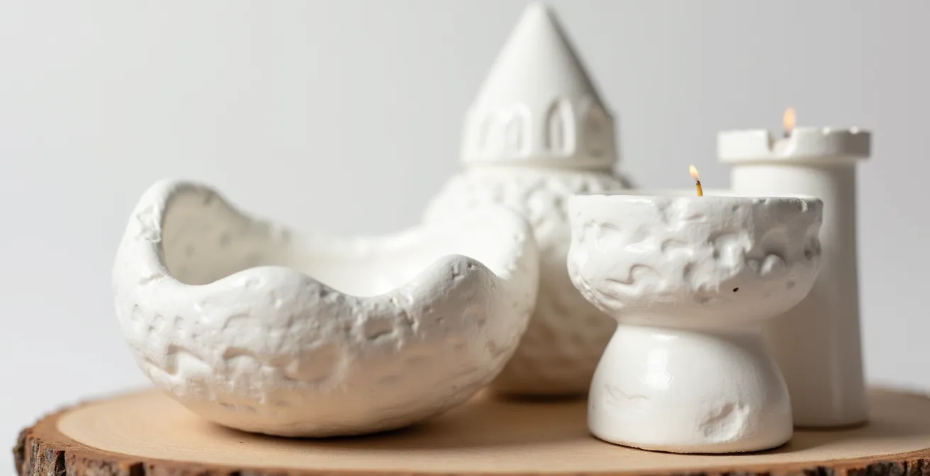 Composition d'objets décoratifs en plâtre blanc fait main sur surface bois clair