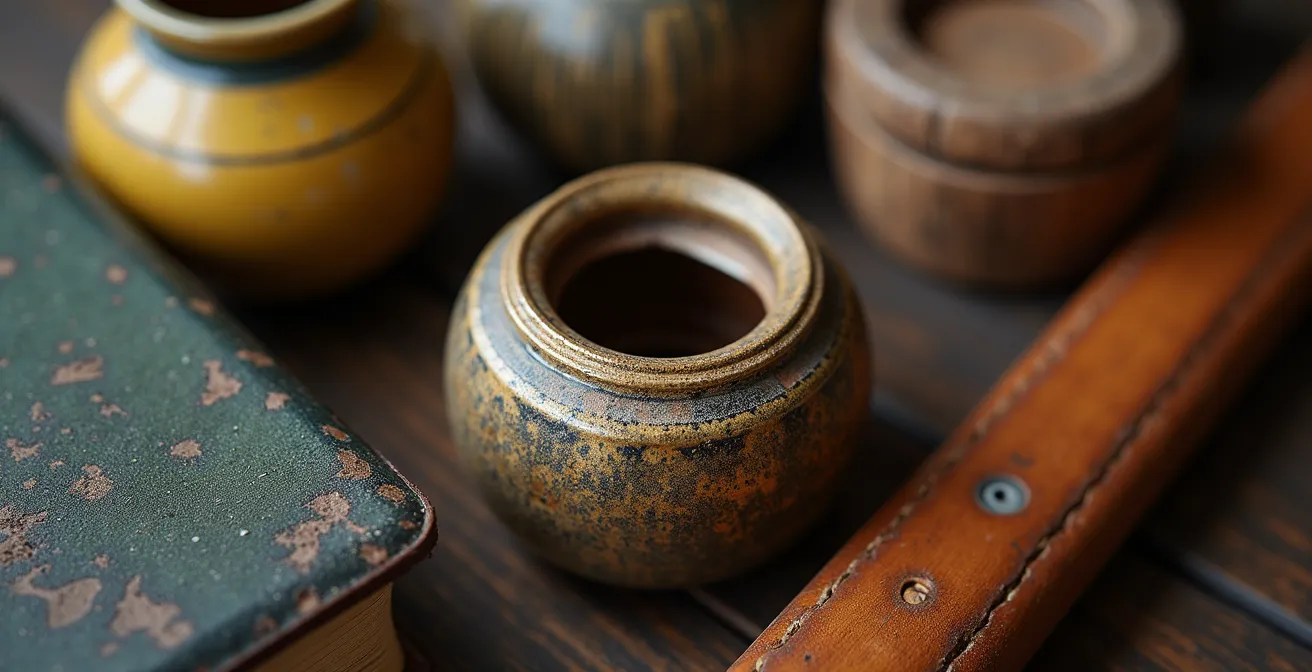 Gros plan sur une collection éclectique d'objets personnels formant une composition artistique unique