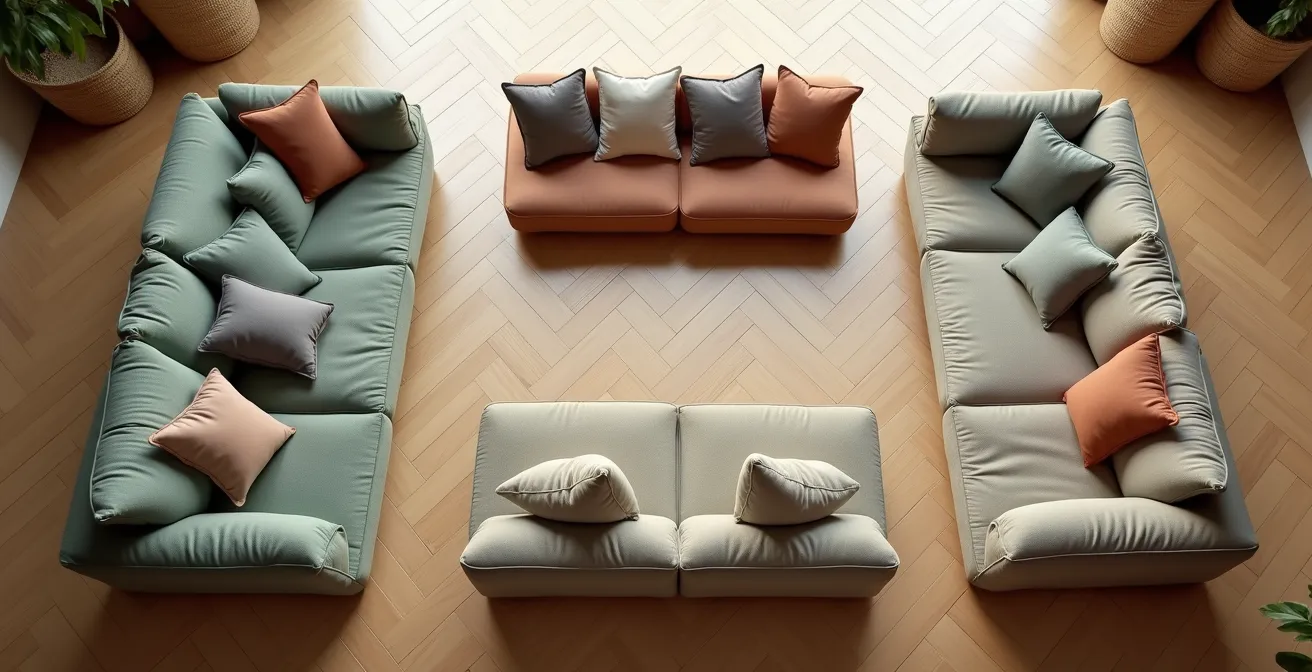 Vue aérienne montrant trois configurations différentes de coussins de sol pour diverses activités